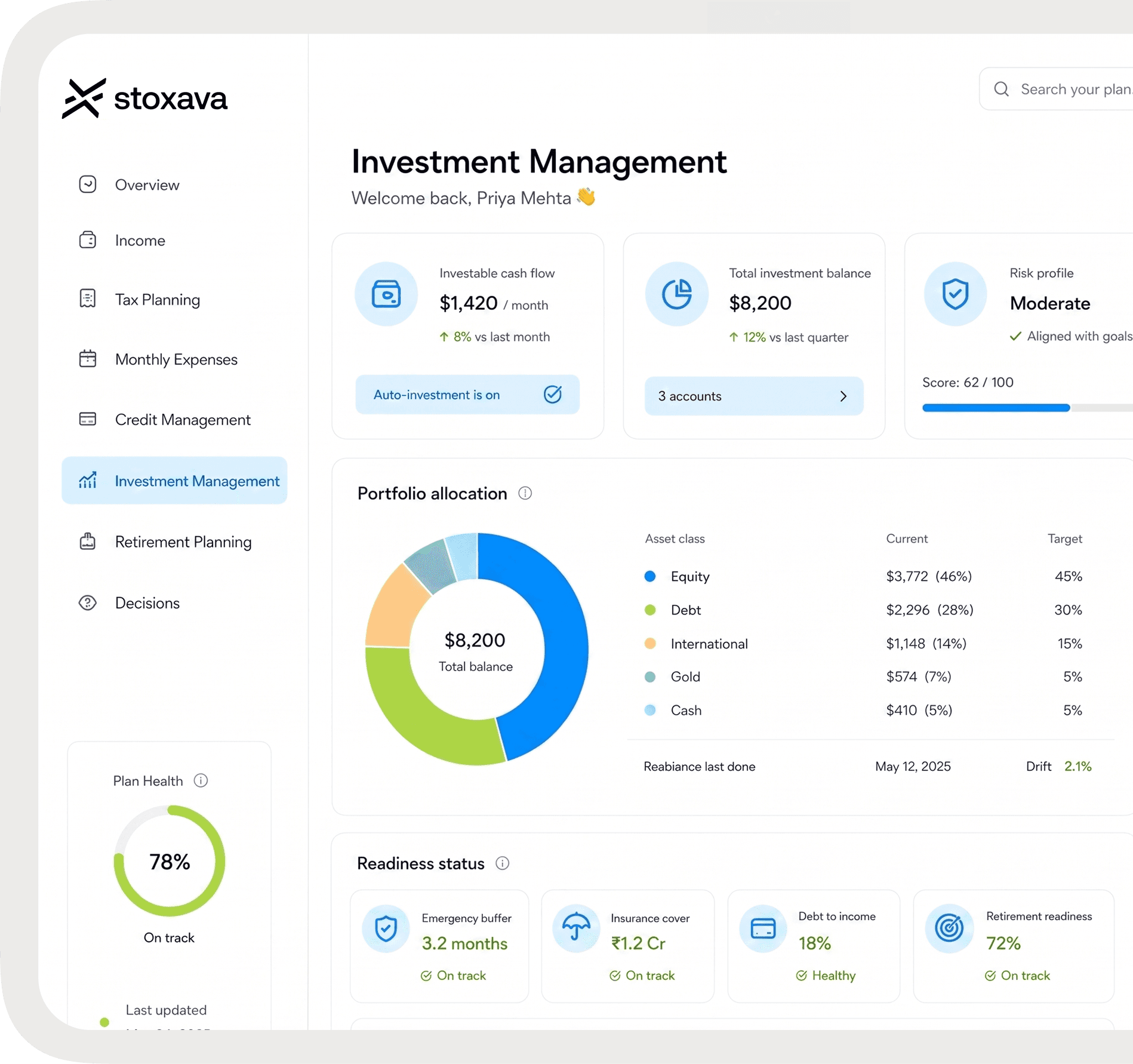 STOXAVA dashboard showing connected income, tax, and planning views